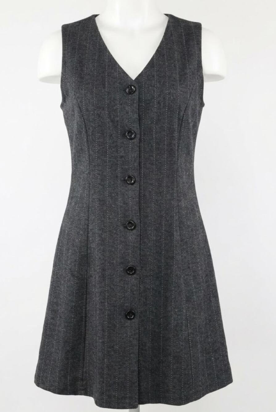 BASIC EQUIPMENT Dress Women Size M Gray Striped Buttoned Sleeveless Y2K Pinafore